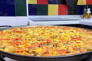 Homemade paella made in the hostel kitchen